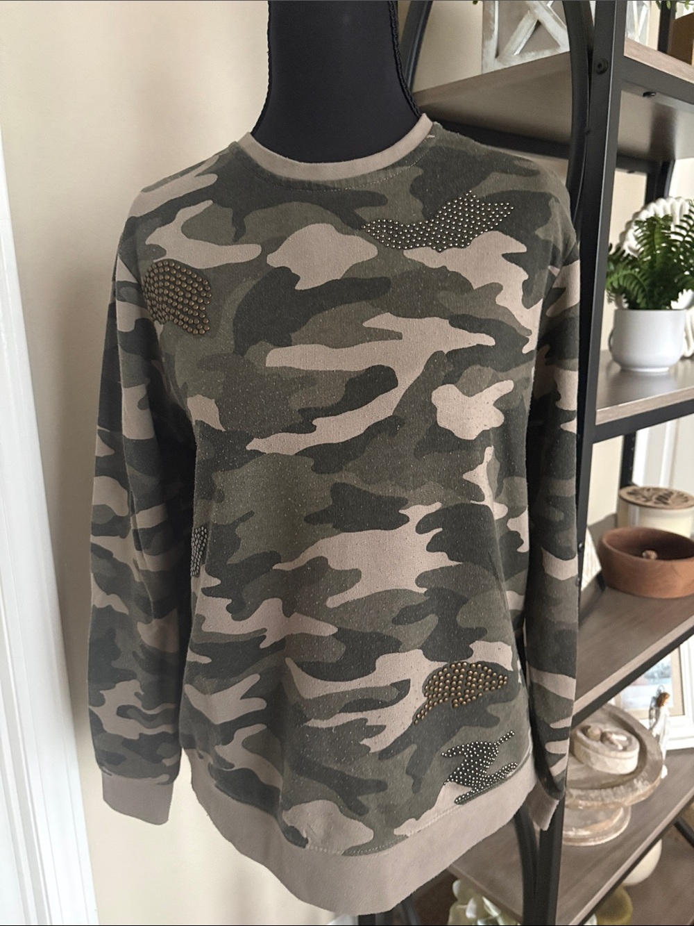 Max Jeans Olive Camo Crewneck Sweatshirt with Stud Accents